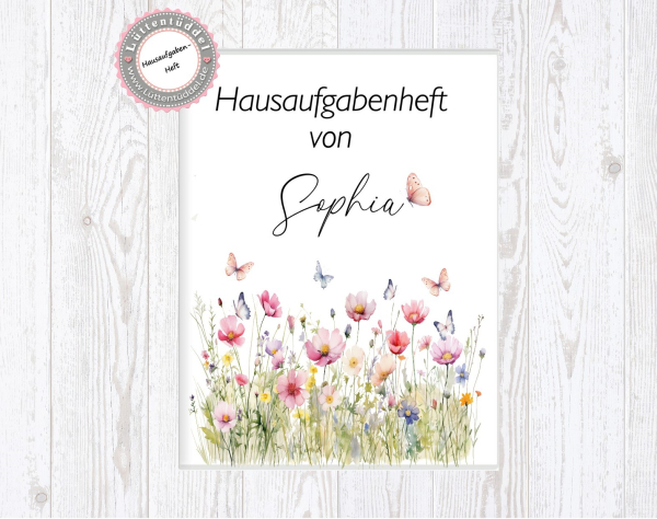 zauberhaftes Schulheft Umschlag Blumen Name Hausaufgabenheft in seperater Hochwertiger Hülle Einschulung Schulkind von Lüttentüddel®